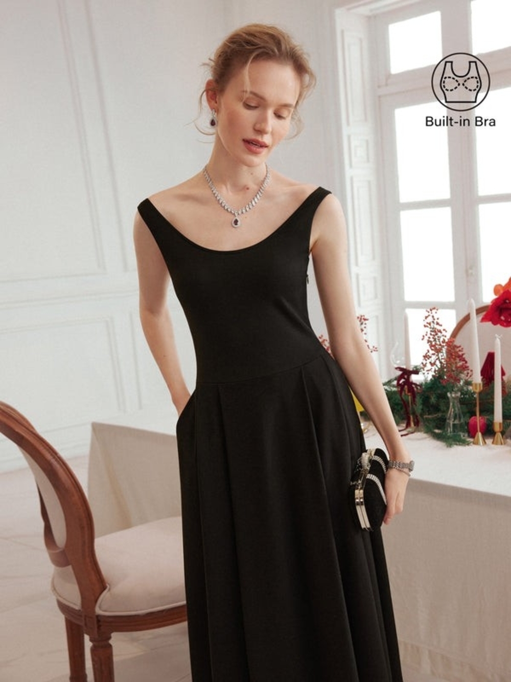 Classic Black Sleeveless A-Line Dress with Built-In Bra - Picture 2 of 11